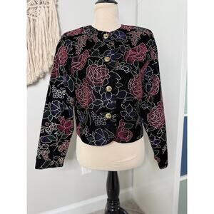 Vtg 80s Womens Black Velvet Purple Floral Gold Crest Button Holiday Jacket Small